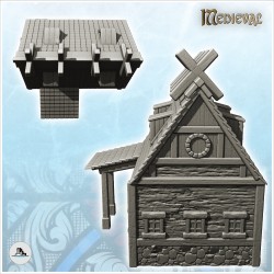 Bâtiment médiéval avec auvent latéral et motifs en bois sur toit (9)