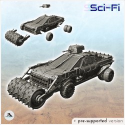 Post-apocalyptic car with armed turret and spiked rollers (20)