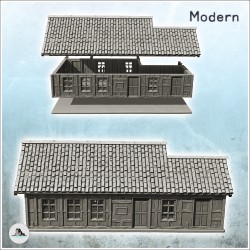 Maison moderne en longueur avec auvent à colonnes et barrière en bois (7)