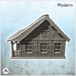 Maison moderne en longueur avec auvent à colonnes et barrière en bois (7)
