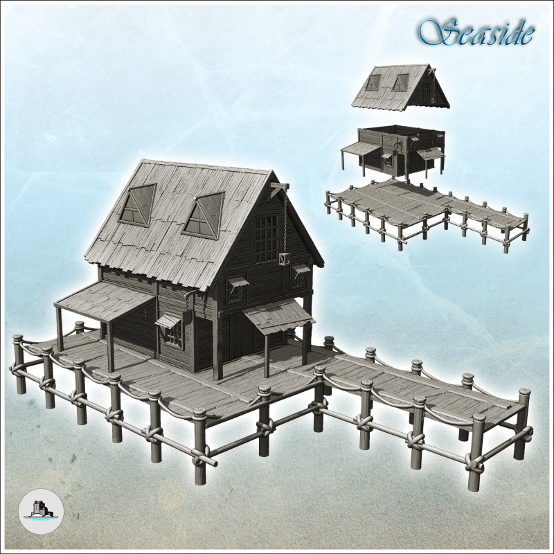 Wooden pontoon with multi-storey building, crane and awning (4)