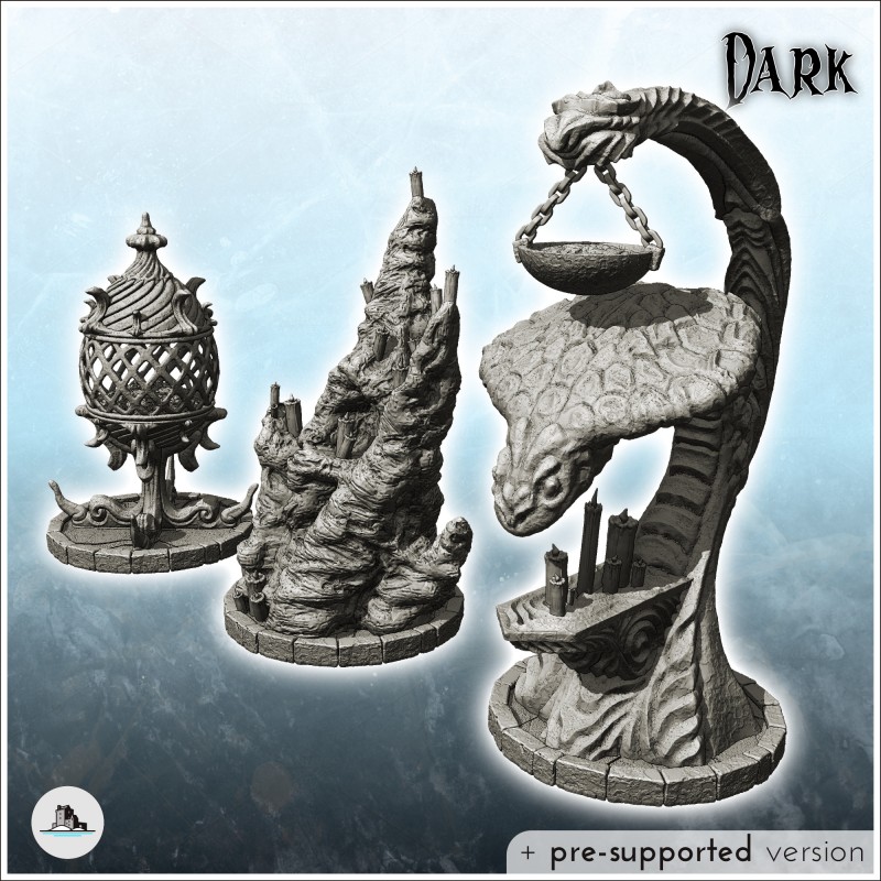 Set of three evil totems with snake-shaped torches and candles (8)