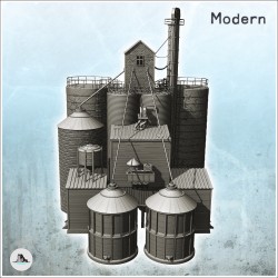 Grande installation industrielle moderne avec multiples silos reliés à cuves de stockage et bâtiments de gestion (27)