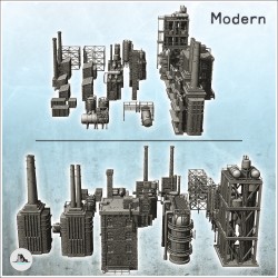 Grand set modulaire d'équipements industriels moderne avec cheminée, cuves, structures métalliques et entrepôts en brique (29)