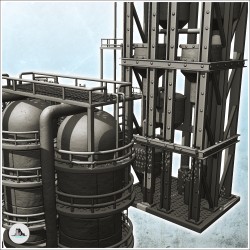 Grand set modulaire d'équipements industriels moderne avec cheminée, cuves, structures métalliques et entrepôts en brique (29)