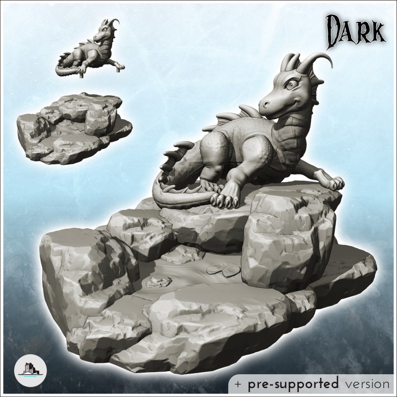 Fantasy horned dragon sitting on rocky promontory (27)