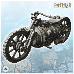 Steampunk motorcycle with curved handlebars and large central engine (5)