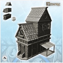 Grande maison médiévale avec toit en tuile et auvent sur côté (1)