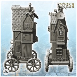 Fantasy medieval shop on four wooden wheels with sign and round window (3)