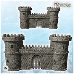Entrée fortifiée médiévale avec double tours et herses métalliques (14)