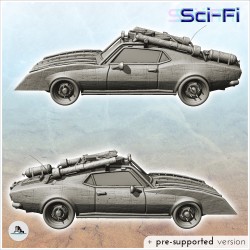 Post-apocalyptic car with four front blades and accessories on the roof (1)