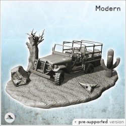 Sandy jeep with driver in desert scene with base (1)