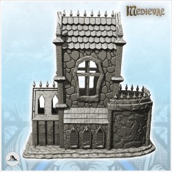 Bâtiment gothique médiéval avec grande tour en pierre et pointes sur toit (11)