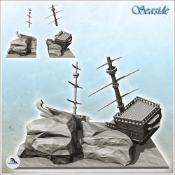 Carcass of wooden galleon on rock with two masts (2)