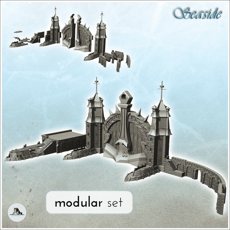 Set modulaire d'entrée de port médiéval avec porte monumentale, quais et murs en pierre (6)