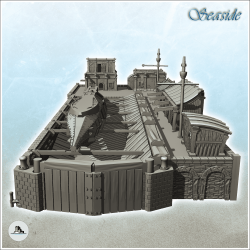 Medieval shipyard with ship hull and ancillary buildings on platform (17)