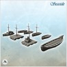 Set of medieval wooden boats with rowing boats and rafts (4)