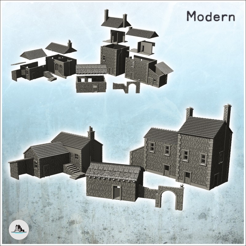 Set of three traditional European stone buildings with farm and stable (7)