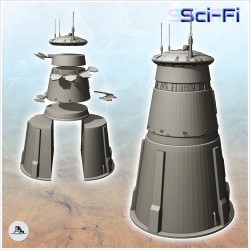Tour futuriste ronde en cône avec antennes de toit et bouches d'aération (4)