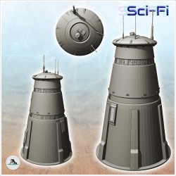Futuristic round cone tower with roof antennas and air vents (4)