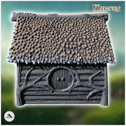 Medieval hobbit house with round door and log walls (13)