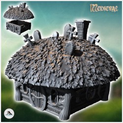 Maison hobbit médiévale ronde avec croix sur toit et porte ronde (15)