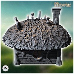 Maison hobbit médiévale ronde avec croix sur toit et porte ronde (15)