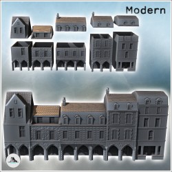Set of modern multi-story buildings with colonnade passage and baroque tiled roofs (8)