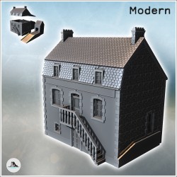 Modern Mansard-roofed building with access staircase and molded balustrade, and double chimneys (17)