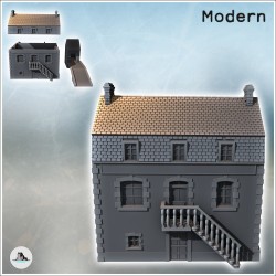 Modern Mansard-roofed building with access staircase and molded balustrade, and double chimneys (17)