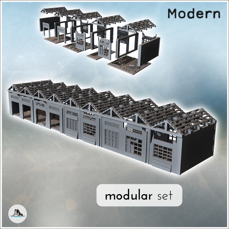 Set d'usine moderne modulaire endommagée avec grandes vitres et charpente apparente (34)