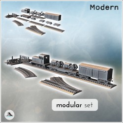 Set of modern trains with diesel locomotive, platforms with tractors, and cattle transport wagons (2)