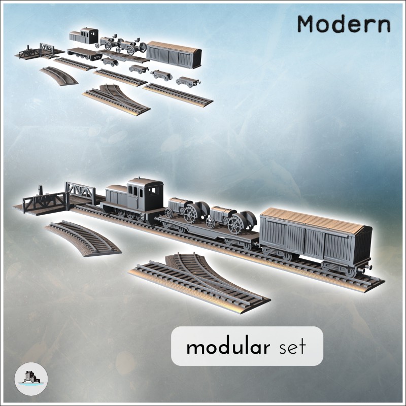 Set of modern trains with diesel locomotive, platforms with tractors, and cattle transport wagons (2)