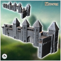 Modular set of medieval defensive walls with wooden towers and walkway (17)