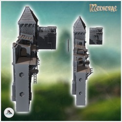 Modular set of medieval defensive walls with wooden towers and walkway (17)