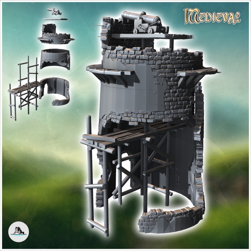 Stone defense tower with ruined cannon with scaffolding (19)