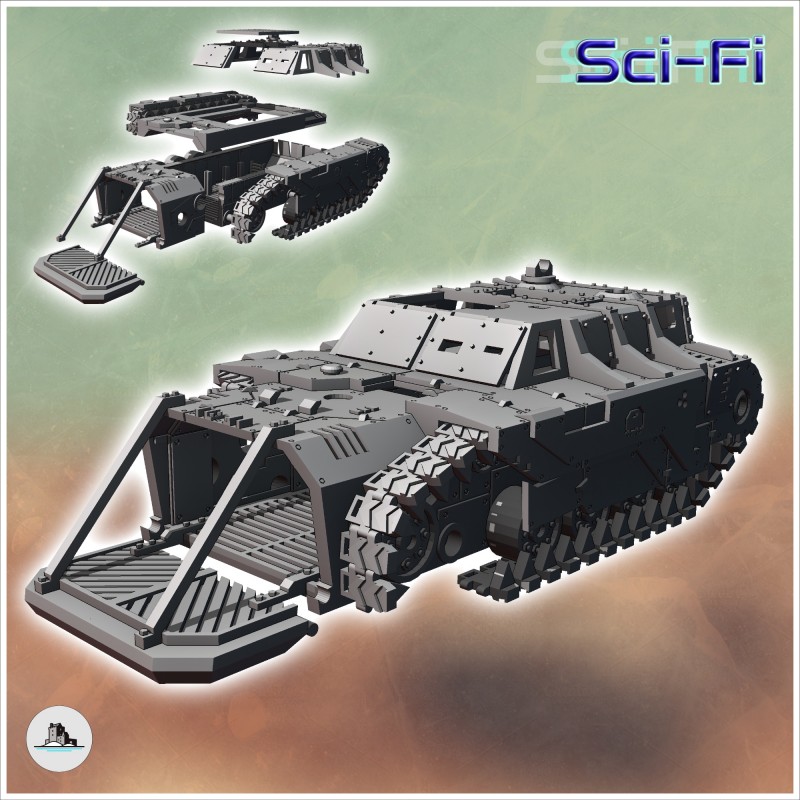 Sci-Fi armored futuristic vehicle carcass with tracks and open cargo door (7)