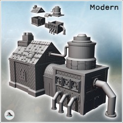 Post-apocalyptic industrial building with large ventilation turbines, pipes, and brick building (17)