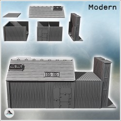 Futuristic western-style bank building with ventilation, wood and metal walls, and front sign (25)