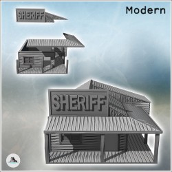 Sheriff building with multi-pitched roof, awning on a wooden platform, and sign (26)