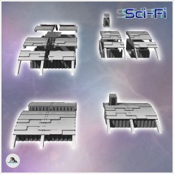 Set de trois baraquements futuristes à toit ovale avec grandes poutres métalliques et portes arrondies (30)
