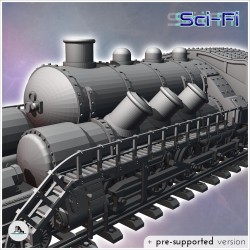 Steampunk train on double tracks with steam locomotive and trailer carriage (12)