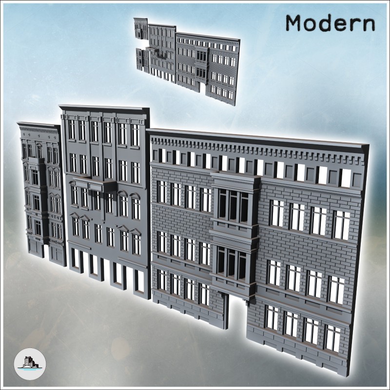 Set de trois façades de murs modernes avec briques et fenêtres en baies (4)
