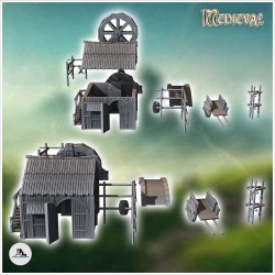 Medieval house set with bridge, water mill and skin drying racks (4)