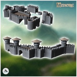 Set de murailles médiévales en pierre modulaire avec tours à toits (23)
