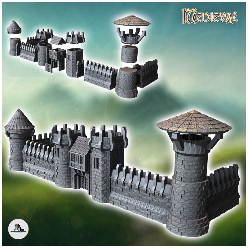 Set of modular medieval stone walls with building surrounded by towers (24)