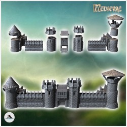 Set de murailles médiévales en pierre modulaire avec bâtiment entouré de tours (24)