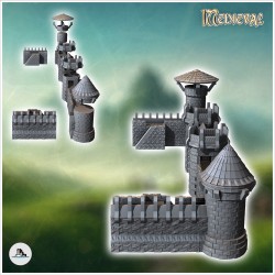 Set of modular medieval stone walls with building surrounded by towers (24)