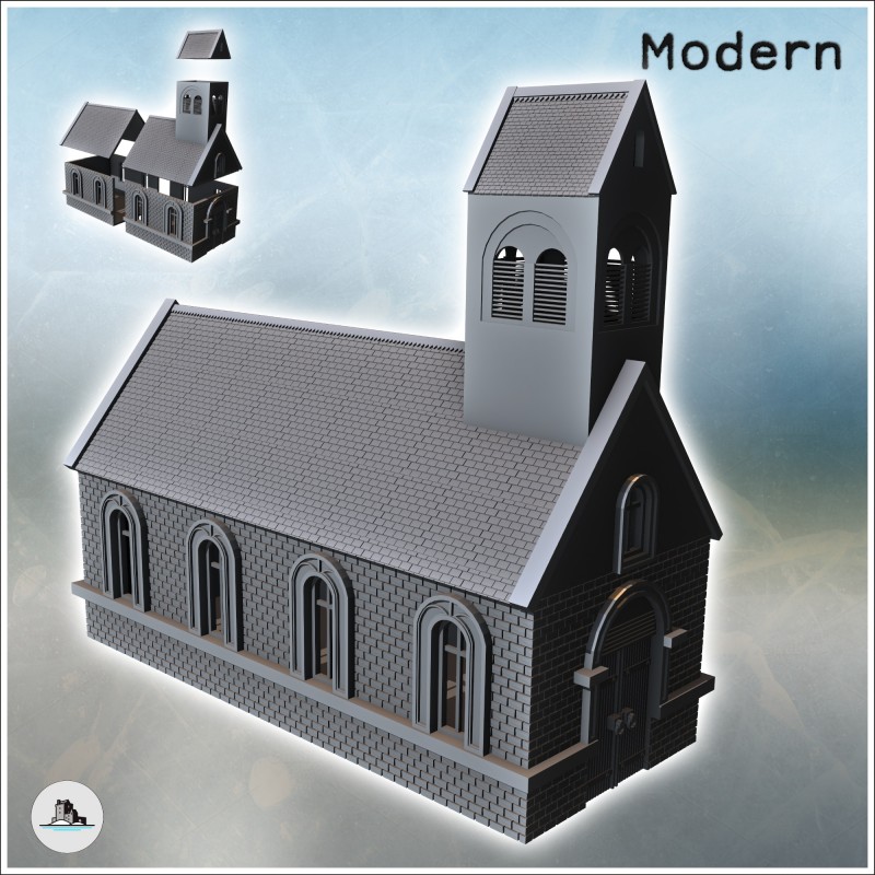 Brick church with multiple windows and a steeple (4)