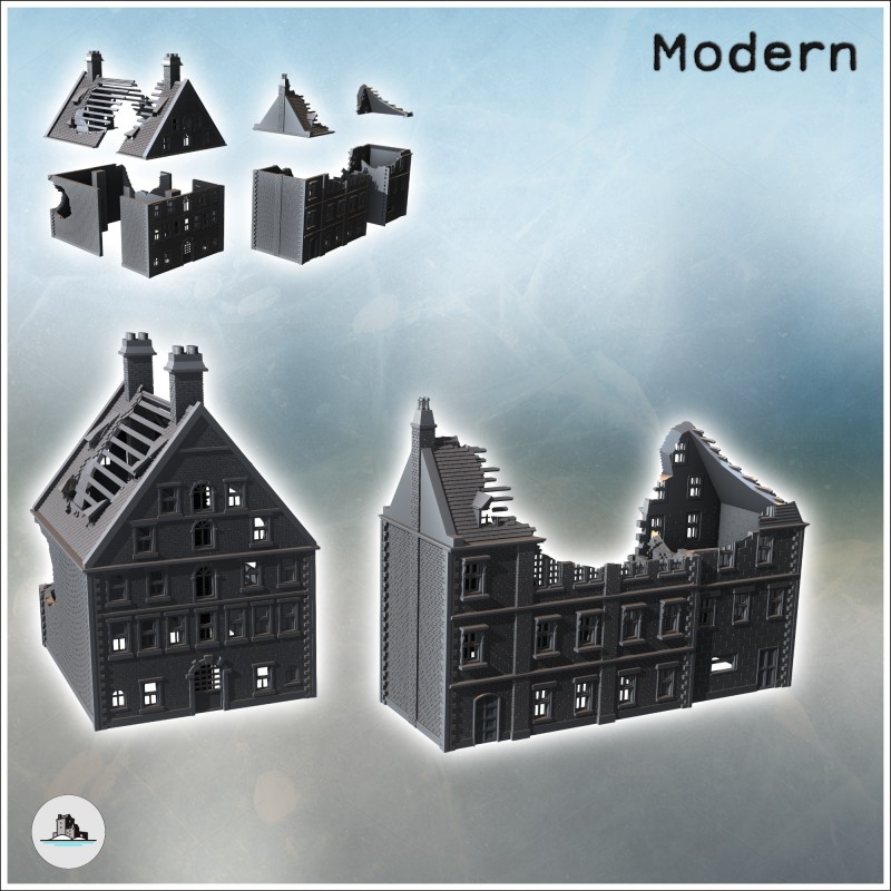 Set of two large modern brick buildings with sloping roofs and double chimneys (ruined version) (19)